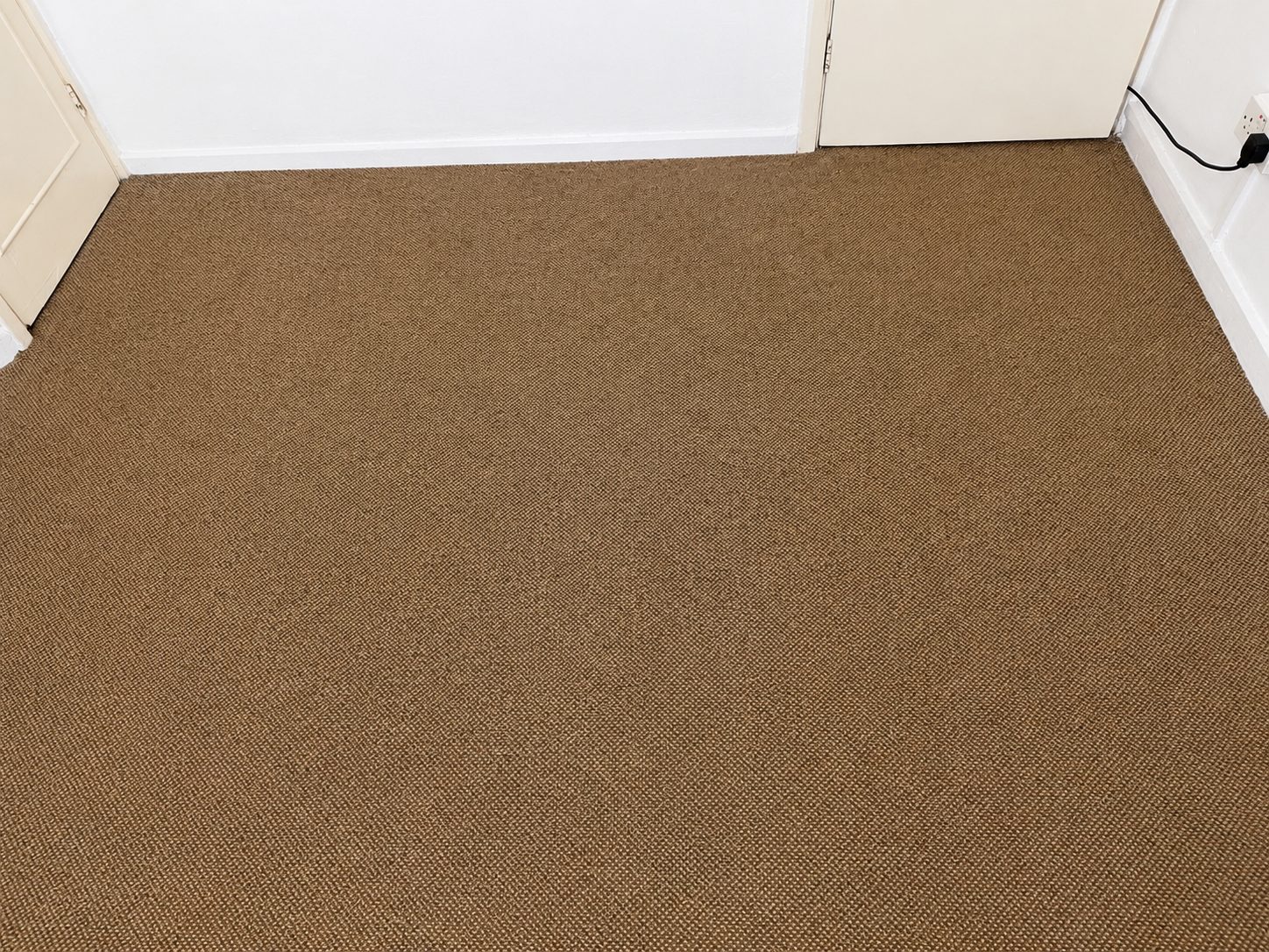 The same brown carpet after cleaning, the staining gone and the weave clean and uniform corner to corner