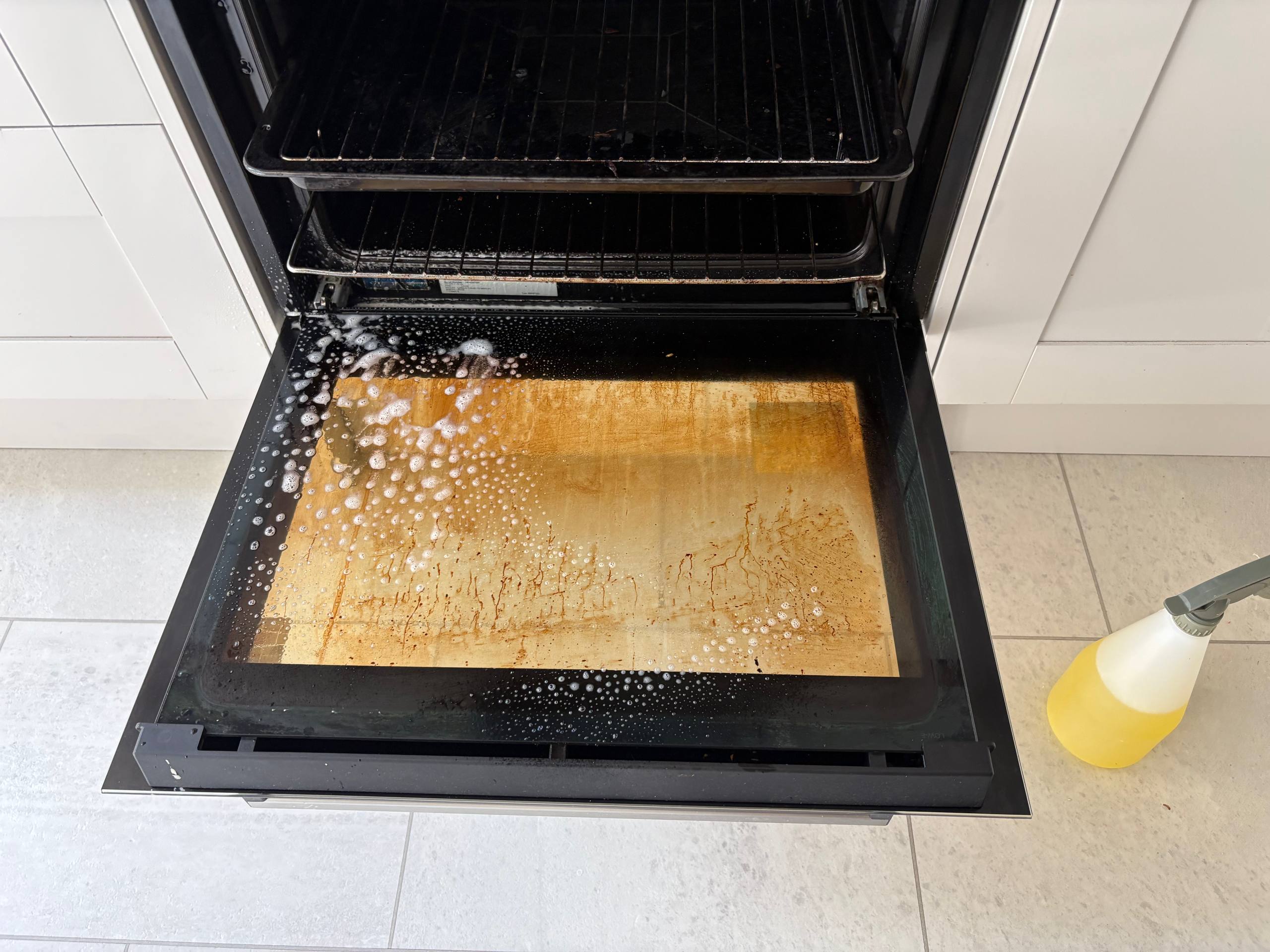 Oven door and racks before cleaning, with visible baked-on residue