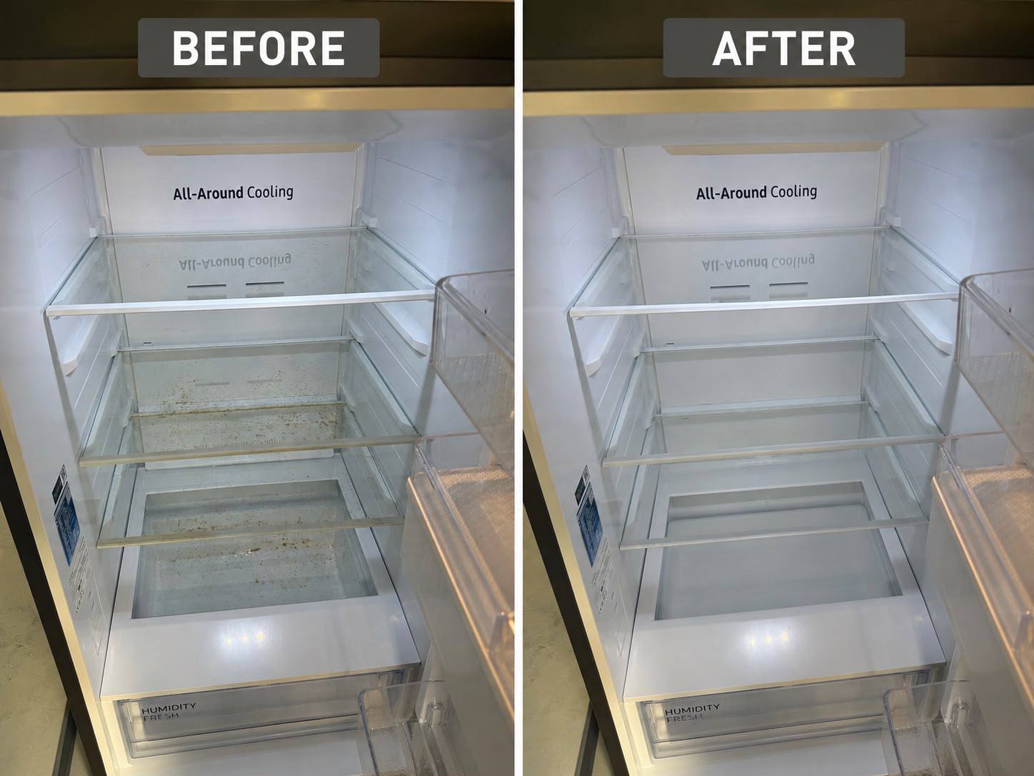 Before and after comparison of a fridge interior — before on the left and after on the right